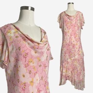 Jaclyn Smith Classic Pink silk floral cowl neck asymmetric hem midi dress 90s XL